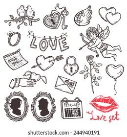 set of love elements in sketch style for Valentin's day, key, Cupid, heart with arrow, rose, doves, letter, wedding ring