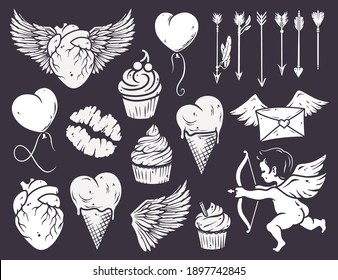 Set of love elements for Valentines Day holiday. Collection of romantic illustration for wedding invitations, greeting cards, scrapbooking, print and party design