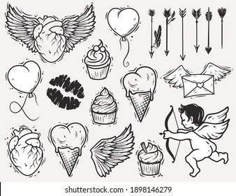 Set of love elements for Valentines Day holiday. Collection of romantic illustration for wedding invitations, greeting cards, scrapbooking, print and party design