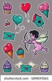 Set of love elements for Valentines Day holiday for kids. Romantic sticker pack for wedding invitations, greeting cards, scrapbooking, print and party design