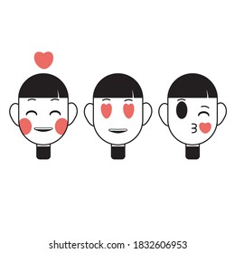 A set of love emotions, different moods. Vector flat icon style illustration isolated on white background.  Hipster`s head