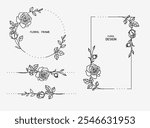 Set of love floral rectangle and circle frame and horizontal divider with line garden rose, leaf, stem and bud. Valentine's day or wedding design elements. Hand drawn sketch. Vector illustration.
