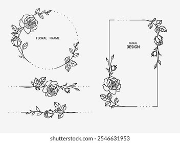 Set of love floral rectangle and circle frame and horizontal divider with line garden rose, leaf, stem and bud. Valentine's day or wedding design elements. Hand drawn sketch. Vector illustration.