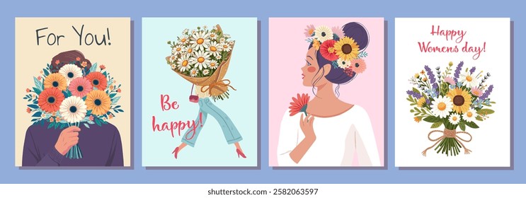 Set of Love, gift, Beauty, hug concept. Young woman girl cartoon hiding behind the bouquet of flowers. Happy holidays. Vector illustration isolated on color background.