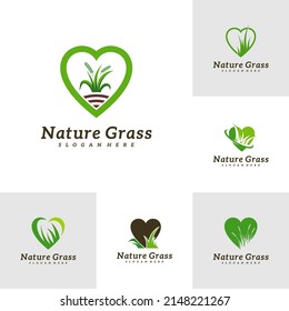 Set of Love Grass logo design vector, Creative Grass logo design Template Illustration