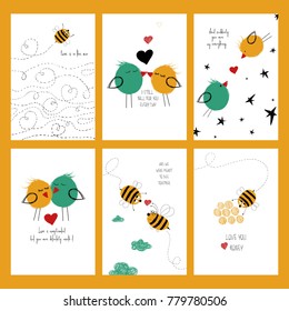 Set of love greeting cards with cute birds and bees. Collection of posters or cards and funny touching phrases for birthday, save the day, wedding, Valentine's day or anniversary.