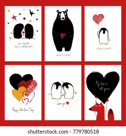 Set of love greeting cards with cute animals and funny phrases. Collection of posters or cards for birthday, save the day, wedding, Valentine's day, anniversary or just for sharing the feeling