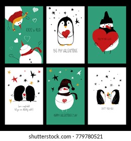 Set of love greeting cards with cute penguins, snowman and funny phrases. Collection of posters or cards for birthday, save the day, wedding, Valentine's day or anniversary