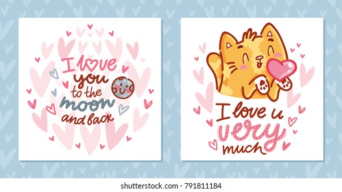 Set of love Greeting cards for Valentine's Day with cute ginger Cat character and lettering calligraphy text. Hand drawn romantic illustrations with pink hearts background in cartoon, doodle style