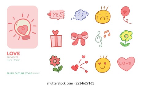 Set of love hand drawn elements filled outline style vector design.