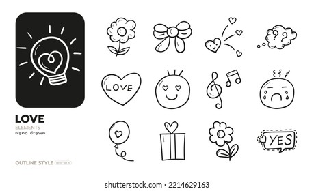 Set von Liebe handgezeichnet Elemente umreißen Stil Vektordesign.