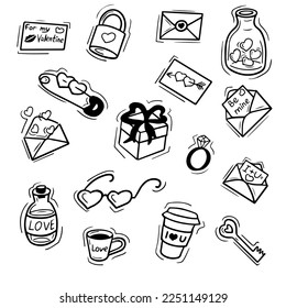 Set of love hand drawn elements. Cute doodle set of icons with hearts, letters, cups, gifts, potion, flower. Vector isolated illustration. Design for prints, cards and coloring page.