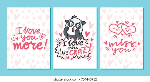 Set of love hand drawn greeting cards with cute Panda character and lettering calligraphy text, doodles, hearts. I love you like crazy. Illustrations, poster, wedding design templates