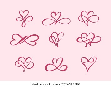 Set of Love hand drawn hearts sign of infinity with cute sketch line. Divider doodle element love shape for valentines day, wedding, mother's day or woman's day. Vector isolated on colored background.