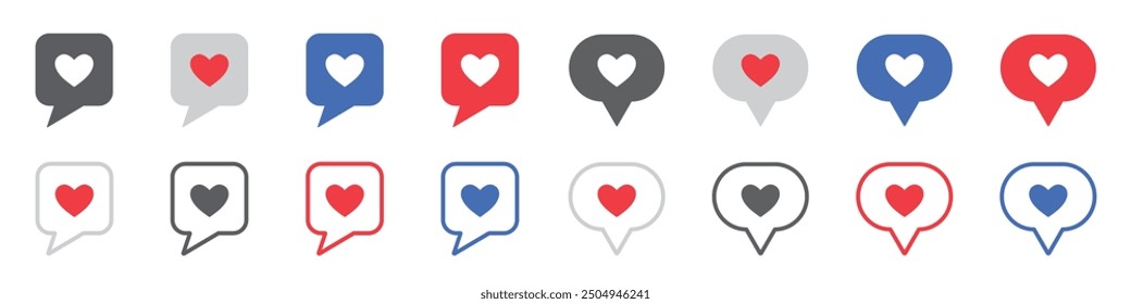 Set of love heart bubble speech icons. Speech bubble with heart, message dialog button, romantic symbol. Love social media message, follow internet button. Vector. EPS10.