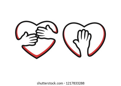 Set of love and heart combination with hand, icon logo vector