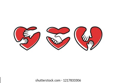 Set of love and heart combination with hand, icon logo vector