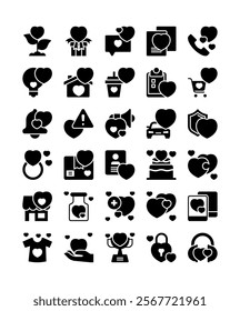 set of love heart decoration element solid glyph icon vector illustration