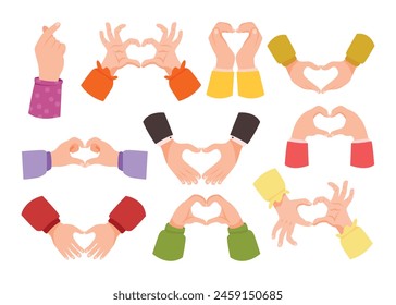 Set of love heart hands gesture collection, hands making heart sign, care and love gesture, I love you heart sign, message of love hand gesture, shapes heart with both hands. Vector Flat illustration