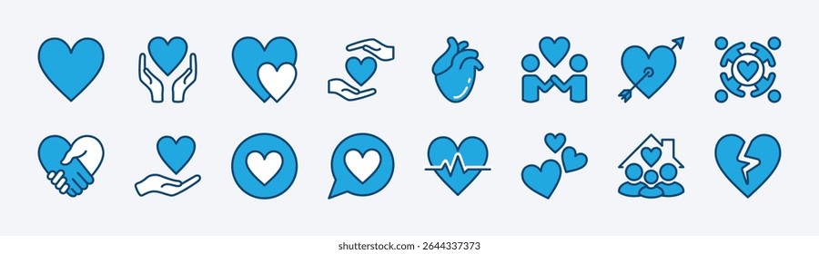 Set of love heart icon. Contains care, handshake nubes, friendship, core, healthcare, heartbeat, broken heart, couple, button, romantic family, support, human relationships, doodle vector illustration