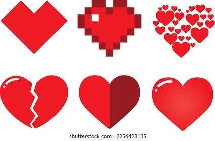 Conjunto de ícono de corazón de amor en Diferente estilo Pixel , Diseño plano , 3d , Línea vectorial , forma . Perfecto para publicación de contenido de material de elemento de contenido