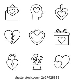 Set of love and heart icons in outline style for romance and charity, care, relationship, and emotional support. Vector illustration.