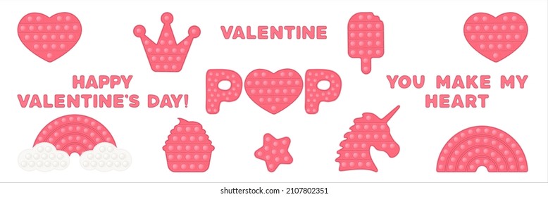 Set of love heart icons symbol of Valentines day in the style of pop it fashionable silicon fidget toys. The figure of heart, rainbow, unicorn in pink coral color. Vector illustration isolated on