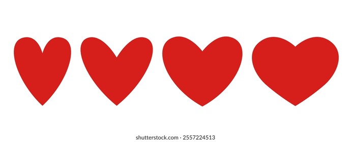 Set of love heart in red color and various shapes isolated on white background. Romantic vector icons for Valentine's Day
