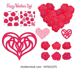 Set of Love heart, roses, bouquet of roses and seamless patterns for your design for Valentine's Day. Stock vector.
