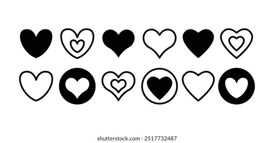 Conjunto de icono de forma de corazón de amor Icono de Vector de diseño Línea simple Ilustración de color blanco negro aislado