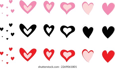 Set of Love Heart Symbol Icons, Pink Hearts, Black Hearts and Red Hearts, Heart Illustration