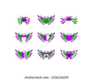 Set of love heart wing freedom vector logo