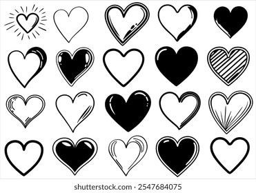 Set of love and hearts in different pose. Collection of heart Silhouette with white background.