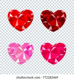 Set of love hearts from Gemstone ruby. Triangle low poly object. Luxury gift for Valentine Day, wedding, engagement and date.