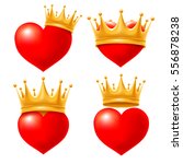 Set of Love hearts in golden crown. Vector illustration. Isolated on white background.