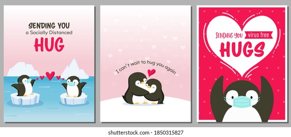 Set of love and hug themed card designs with cute penguins. Adorable penguins wearing masks. For Valentine's day cards, posters, banners, flyers, etc.