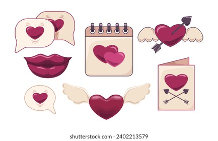 Set of love icons with angel wings and hearts. Illustration for Valentine's day. Vector flat cartoon design of graphic element. App vector icon.