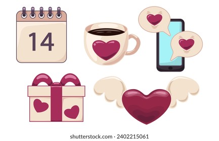 Set of love icons with angel wings and hearts. Illustration for Valentine's day. Vector flat cartoon design of graphic element. App vector icon.