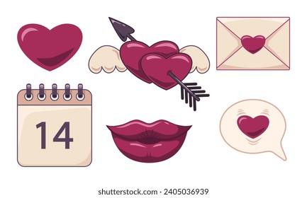 Set of love icons with angel wings and hearts. Illustration for Valentine's day. Vector flat cartoon design of graphic element. App icon.