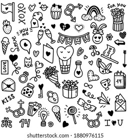 A set of love icons for the celebration of Valentine's Day. Design for Valentine,wedding, Greeting Cards