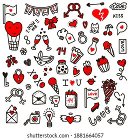 A set of love icons for the celebration of Valentine's Day. Vector illustration in doodle style.