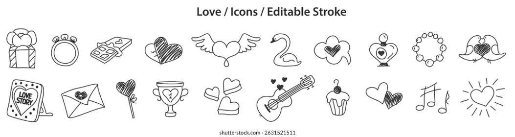Set of Love icons in doodle style, line design, editable stroke, vector illustration