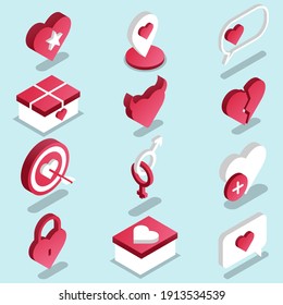 Set of love icons. Hearts, star, speech bubbles, geolocation, gifts gender and target. Vector illustration in isometric style. Simple 3d icons set.