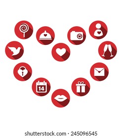 Set of love icons with long shadow in circles isolated on white background