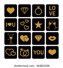 Set of love icons. Romantic shiny gold icons for valentine's day, design, greeting card, decoration. Wedding and Love Icons. Gold Glitter Valentine icons. Valentine's Day icons. Vector illustration. 