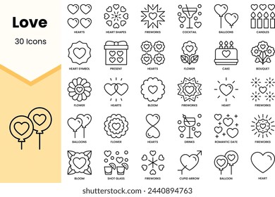 Conjunto de iconos de amor. Paquete de iconos de estilo de arte de línea simple. Ilustración de vector