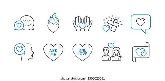 Set Of Love Icons, Such As Ask Me, Hold Heart, Romantic Talk, Love Message, Couple Love, Dating, Heart Flame Line Icons. Friendship, Dating Service. Line Ask Me Icon. Vector