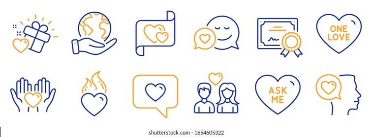 Set Of Love Icons, Such As Ask Me, Hold Heart. Certificate, Save Planet. Romantic Talk, Love Message, Couple Love. Dating, Heart Flame Line Icons. Friendship, Dating Service. Line Icon Set. Vector