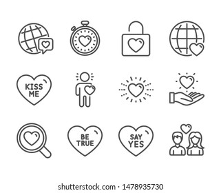 Set of Love icons, such as Be true, Friend, Heartbeat timer, Couple love, Heart, World brand, Say yes, International love, Kiss me, Hold heart, Wedding locker line icons. Be true icon. Vector