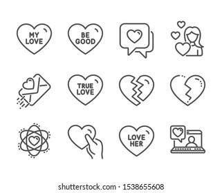 Set of Love icons, such as Be good, Break up, Friends chat, Love her, Love letter, Heart, Hold heart, Atom line icons. Divorce, Sweetheart. Be good icon. Vector